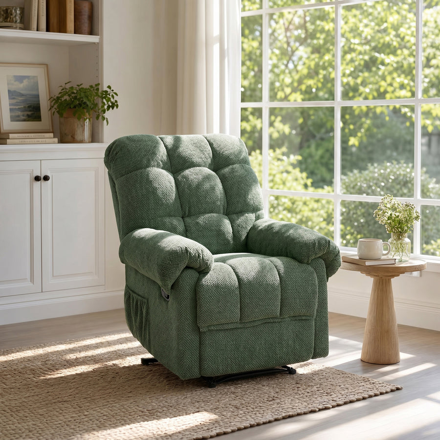 Green Recliner Chair, Overstuffed Armchair, Manual Recliner, Living Room Seating, Reading Chair, Padded Footrest, Home Theater Seating, Ergonomic Lounge Chair, Soft Fabric Recliner, Furniture.