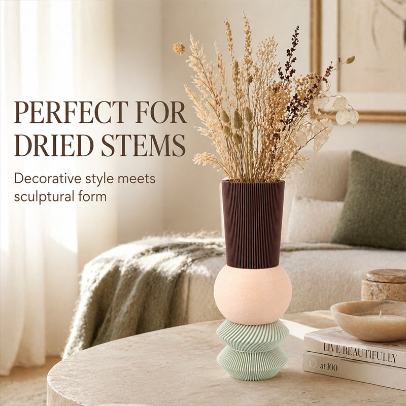 3D Printed Stacked Sculptural Vase, Modern Textured Table Ornament, Decor Vase For Dried Flowers, Nordic Home Decor Accessory