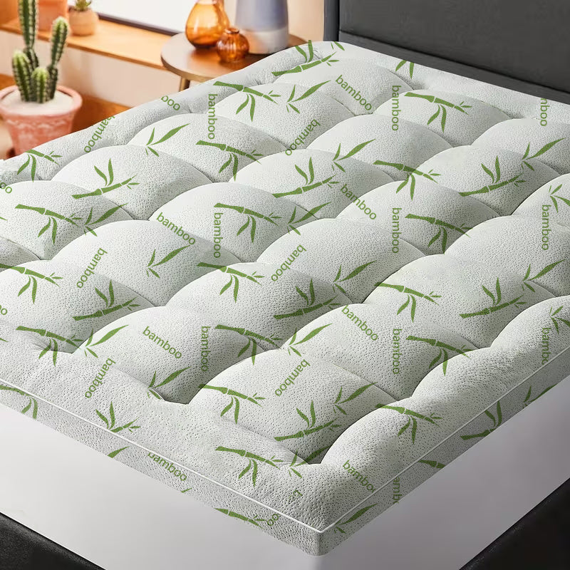 Cool Bamboo Mattress Topper Super Thick Breathable Bamboo Fiber Microfiber Fill 8 21 Deep Pocket Quilted Design For Home Hotel Dorm Machine Washable