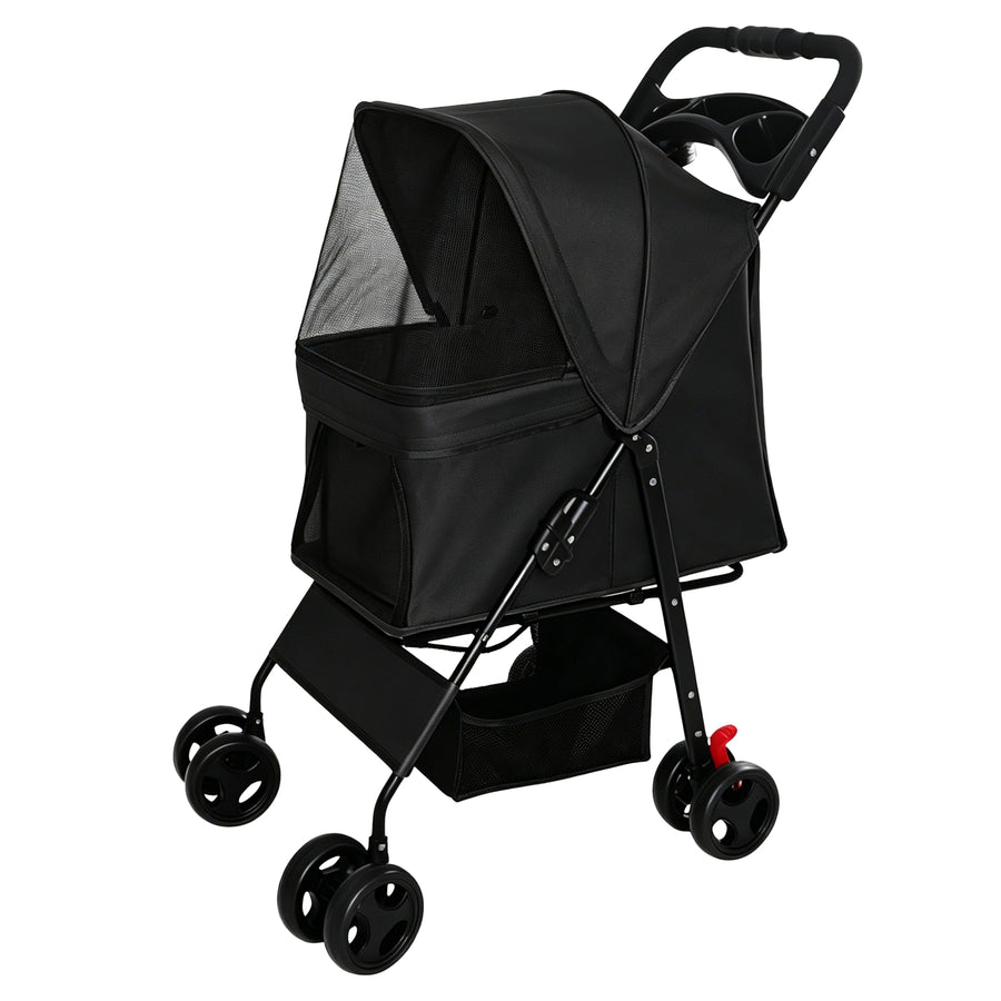 Foldable Pet Stroller for Small Dogs and Cats Under 28 lbs with Multi-Functional Tray, 2 Safety Leashes, Storage Basket & Breathable Mesh, 4 Wheels Pet Stroller, Black