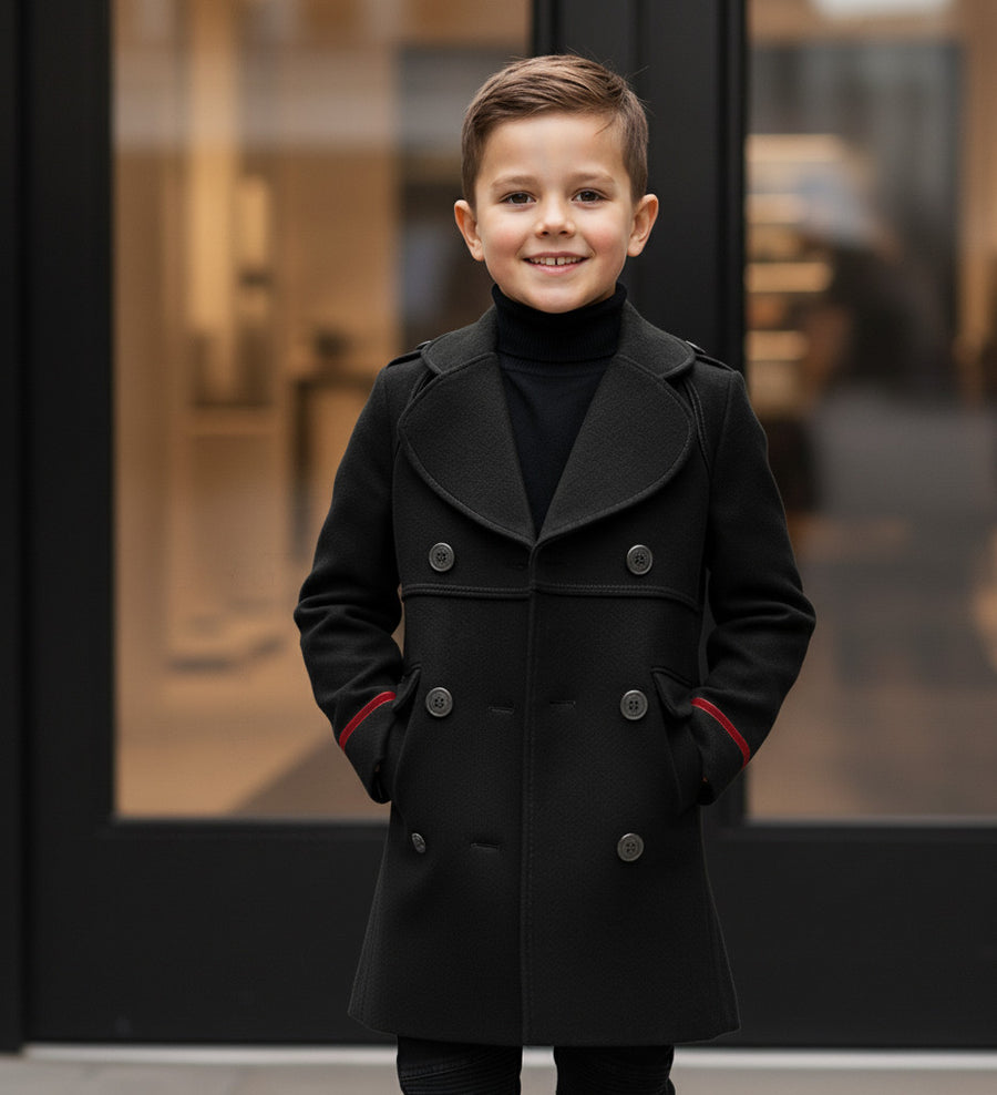 Boys Black Smart Casual Cashmere Coat Green Military Style Woolen Jacket 3-9Y