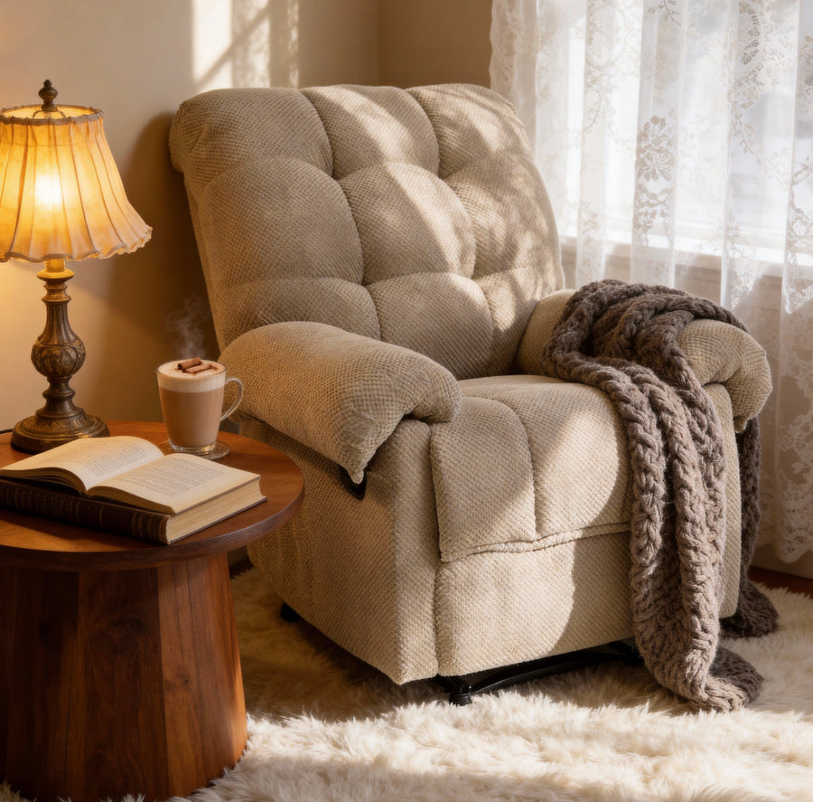 Camel Recliner Chair, Overstuffed Armchair, Manual Recliner, Living Room Seating, Reading Chair, Padded Footrest, Home Theater Seating, Ergonomic Lounge Chair, Soft Fabric Recliner, Furniture.