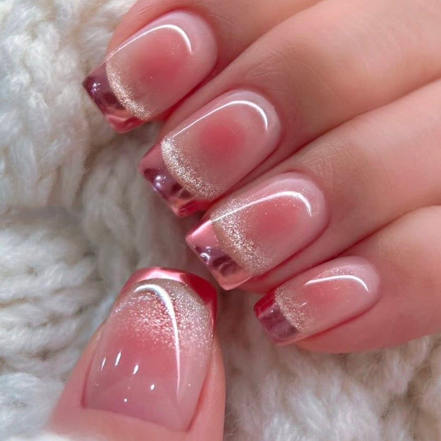 24 Small Square Press-on Nail Pink French Acrylic Nail Stickers With Cat-eye Gradient Effect For Gradual Color Blending, Including 1 Tube Of Gel And 1 Nail File. Nail Accessories.