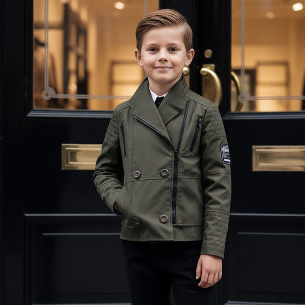 Boys Military Style Jacket Kids Cotton Coat Green Black Smart Outerwear 4-9Y