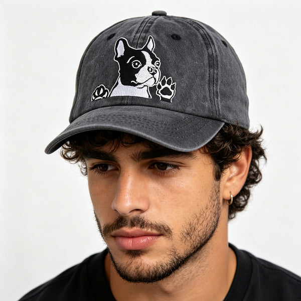 Boston Terrier Dog Embroidered Baseball Cap - Vintage Washed Cotton Ha