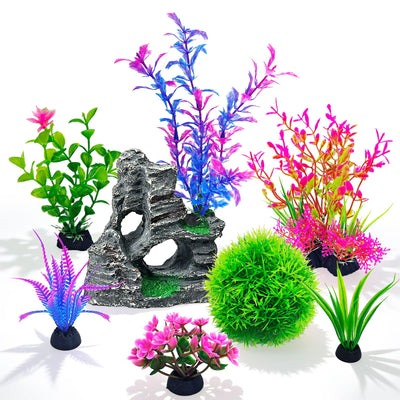 Aquarium Decoratieset met Kunstplanten & Rotsgrot (8-delig)