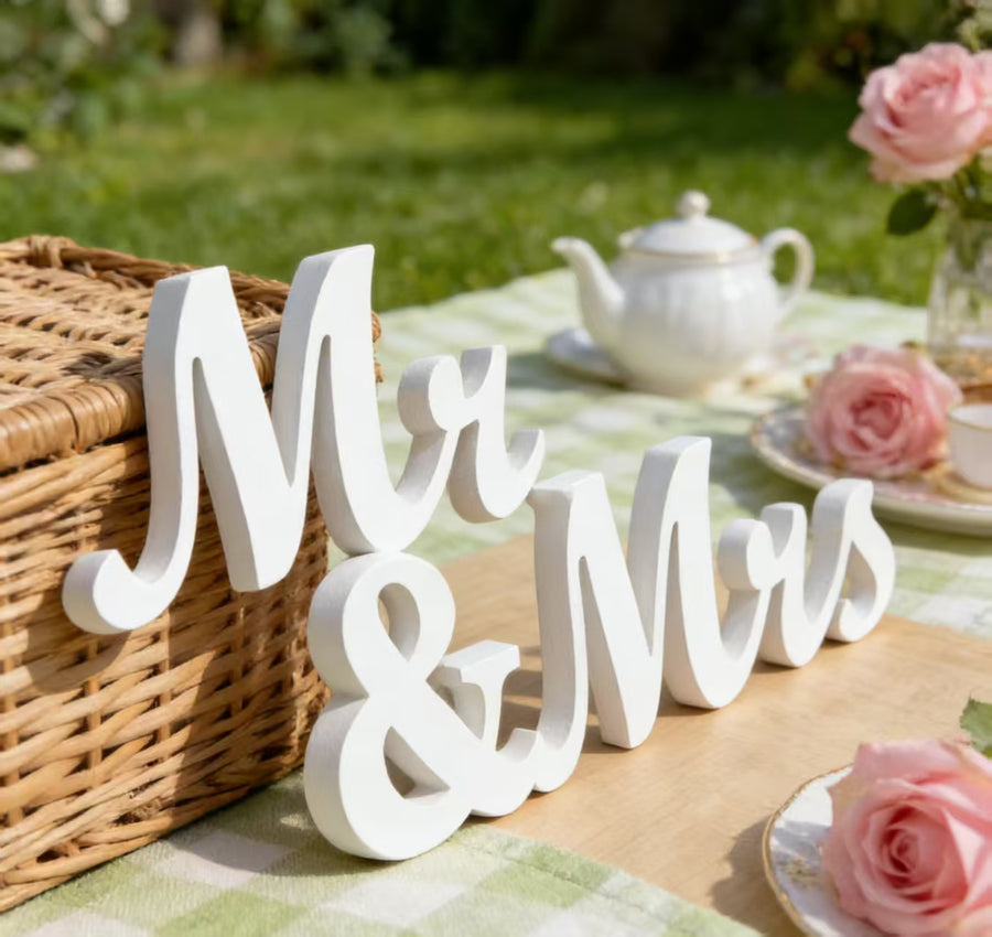 White Wooden Mr & Mrs Sign - Trouwdecoratie