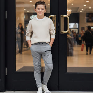 Boys Slim Fit Grey School Trousers Kids Smart Casual Pants Elastic Waist 6-12Y