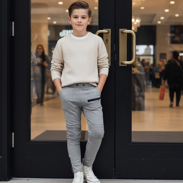 Boys Slim Fit Grey School Trousers Kids Smart Casual Pants Elastic Waist 6-12Y