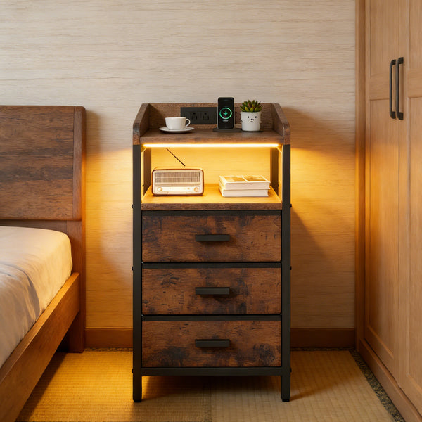 Nightstand Vintage Bed Side Table With 2 USB Ports 2 Outlets 3 Fabric