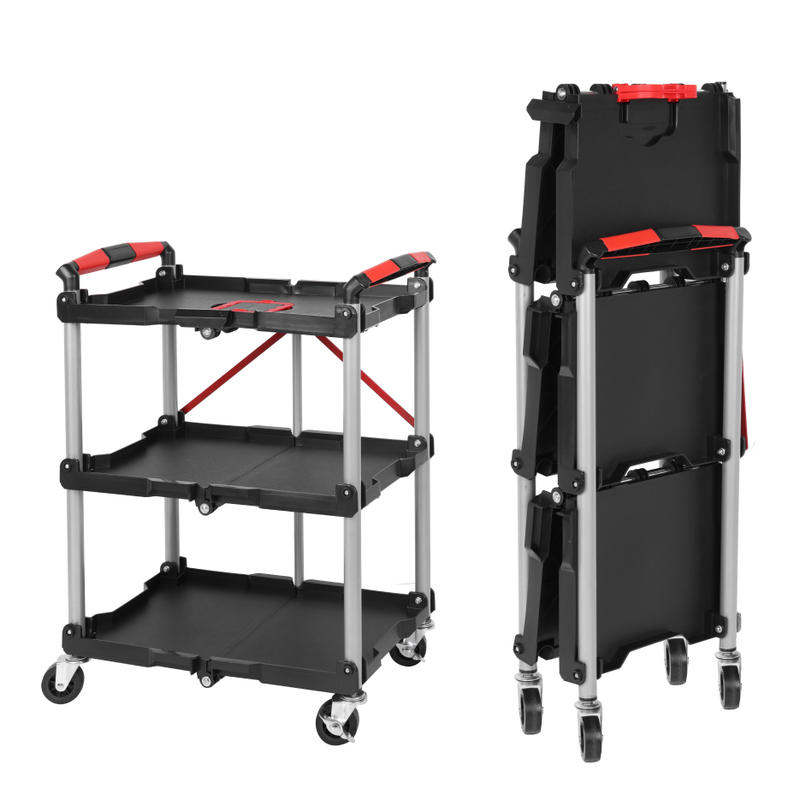 Foldable Utility Service Cart, 3 Shelf Heavy Duty Plastic Rolling Cart