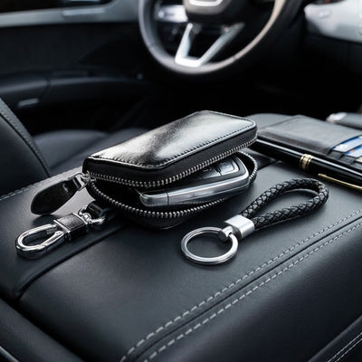 Black Leather Key Pouch With Zipper, Key Chains For Car Keys And House Keys—Accessories