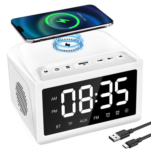 Digitale bedside wekker met Bluetooth speaker en Qi charging
