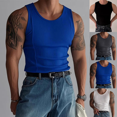 Mens Knitted Vertical-Stripe Fitness Sports Casual Tank Top