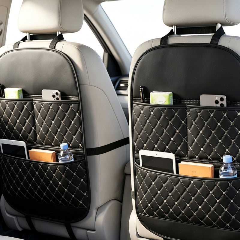 Universal Multi-Functional Car Leather Storage Organizer, Kids Seat Back Kick Mat, Car Rear Seat Hanging Storage Bag, Auto Interior Accessories
