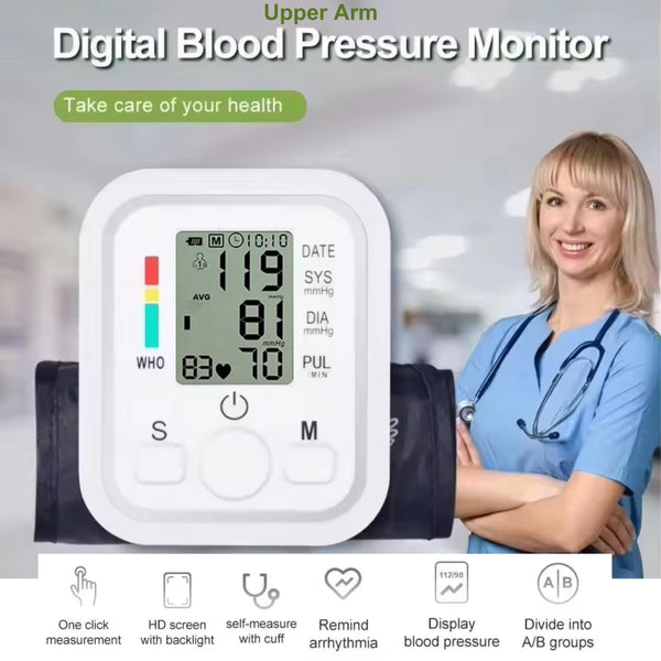 Digitale bloeddrukmeter bovenarm wit met grote manchet en display